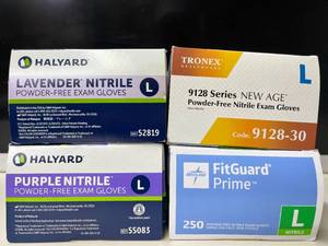 Lot of 4 boxes of gloves Halyard, Tronex, & Medline. Total of 850 gloves. Size Large. These powder-free nitrile gloves offer medical-grade protection, superior dexterity, and are chemo-tested for safety and performance.
