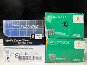 Lot of 3 Boxes of Gloves- Pulse &amp Ansell Micro-Touch Affinity. Total 500 Nitrile Exam Gloves, Size Small. Powder-free, latex-free, and textured for superior grip and dexterity. Medical-grade protection for various tasks.