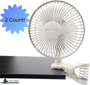 Lot of 2 Air King 6 Clip-On Fans. Commercial-grade personal fans with 2 quiet speeds. Features a heavy-duty, spring-loaded clip and tilting head for custom airflow. Durable, compact designideal for desks or workshops.