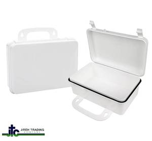 Lot of 10 NEW Empty First Aid Boxes. Durable, weather-resistant plastic cases with gasket seals. Features a secure snap latch and a built-in handlehanger for wall mounting. Perfect for DIY kits or bulk organization.