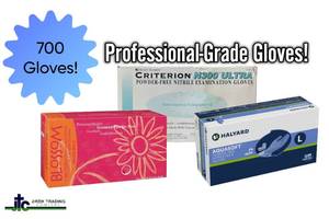 Lot of 3 Boxes of Gloves- Blossom, Criterion N300 Ultra, Halyard Aquasoft. Total 700 Large gloves. Includes latex &amp nitrile options. Features powder-free, textured grip, and ambidextrous designs for medical-grade protection and comfort.