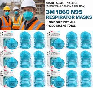MSRP $240 1 Case (6 Boxes20 Masks Per Box) 3M 1860 N95 Respirator Masks, NIOSH Approved, Jobsite Dust Protection, Construction Lawn Care Shop Use, Fluid Resistant ASTM Level 2, Megastrong Cup Design, One Size Fits All, 1200 Masks