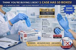 MSRP $240 1 Case (1000 gloves) NEW Synguard Latex-Free Powder-Free Protein-Free (to eliminate risks of Type I hypersensitivity) Nitrile Exam Gloves Size M textured fingertips measuring 4.7 mil thickness for enhanced grip in wet or dry conditions