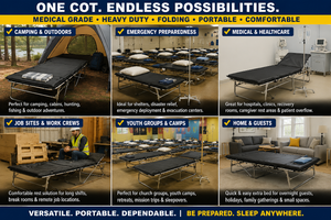 MSRP $1600 Lot Of 2 NEW In Box Medical Grade Folding Camping Cots With Mattresses &amp IV Poles Approx 82x32x19 450lb Capacity Great For Cabins, Youth Groups, Emergency Deployment, Airbnb, Jobsites, Dorms Etc.