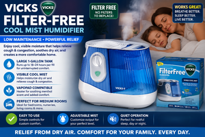 NEW in box Vicks Filter-Free Cool Mist Humidifier. Low maintenance, no filters to replace Large 1-gallon tank runs 18-24 hours. Features a VapoPad heater for soothing menthol scent. Perfect for medium rooms & better sleep.