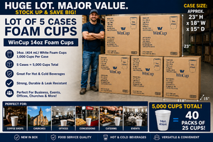 MSRP $500 Lot Of 5 Cases NEW WinCup 14oz Foam Cups White 1,000 Cups Per Case Commercial Food Service HotCold Beverage Cups Total 5,000 Cups Great For Coffee Shops, Churches, Offices, Break Rooms, Concessions, Events, Restaurants &amp Catering