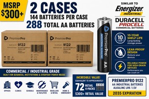 MSRP $300 2 Cases 144cs NEW PremierPro 9122 AA Industrial High-performance Alkaline LR6 Batteries (288 total) 10yr shelf life, leak-proofreliable power for high-drain devices 2035 exp. Similar To Energizer IndustrialDuracell Procell Batteries