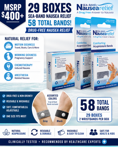 MSRP $400 NEW 29 Boxes (58 total bands) Sea-Band Nausea Relief Wristbands Drug-free acupressure relieves motion sickness, morning sickness &amp chemotherapy-induced nausea. Soft, washable &amp reusable, Assorted Colors - One size fits most