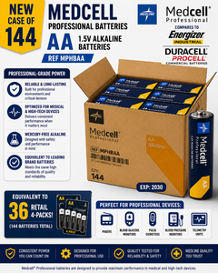 1 Case NEW 144 (6 boxes of 24) AA Medcell Professional Batteries, REF MPHBAA. Reliable 1.5V alkaline power for medical tech. Mercurylatex-free Professional performance in bulk.