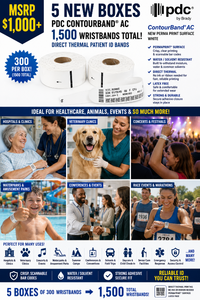 MSRP $1,000 5 NEW BOXES PDC ContourBand AC DIRECT THERMAL Wristbands, 1,500 TOTAL ID Bands, PermaPrint Scannable Barcode Surface, WaterSolvent Resistant, Ideal for Hospitals, Vets, Events, Security &amp Admissions Approx. 12 Length
