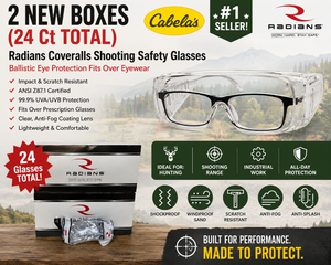 2 NEW boxes (24 Ct) Cabellas #1 Seller Radians Coveralls Shooting Safety Glasses Ballistic Eye Protection Fits Over Eyewear  Impact &amp Scratch Resistant ANSI Z87.1 Certified Ideal for HuntingShooting RangeIndustrial Work 99.9% UVAUVB Protection