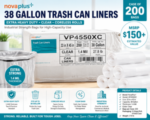 MSRP $150 NEW NovaPlus VP4550XC 38 Gallon Extra Heavy Duty Clear Trash Can Liners 200 Bags Per Case 33x45 Heavy Duty &amp Thick 1.4 Mil Industrial Strength Coreless Rolls Great For Janitorial &amp High Capacity Waste Use Box Has Wear - See Pics