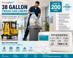 MSRP $150 NEW NovaPlus VP4550XC 38 Gallon Extra Heavy Duty Clear Trash Can Liners 200 Bags Per Case 33x45 Heavy Duty &amp Thick 1.4 Mil Industrial Strength Coreless Rolls Great For Janitorial &amp High Capacity Waste Use Box Has Wear - See Pics