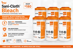 MSRP $180 1 Case PDI Sani-Cloth Bleach Germicidal XL Wipes, 6 Canisters EPA-Registered Hospital Grade Disinfectant, Kills 50 Pathogens C. Diff &amp Norovirus in 4 Minutes, Extra Large 7.5 x 15 Wipes, Ideal for High-Risk Healthcare Areas Exp 826
