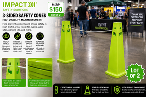 MSRP $150 2 Impact Plain 3-Sided Safety Signs Cones -Highly visible fluorescent neon green Warns of potential hazards helps reduce injuries &amp liabilities -Keyholes on the sides to attach chains or barricades - Great Used Condition