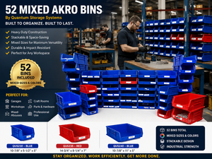 Huge Bulk lot of Mixed size Quantum Storage Systems &amp Akro Bins. Heavy-duty, stackable &amp wall-mountable. Perfect for toolsparts. Durable, organized, and ready for your shop or garage Bins Dimensions in description