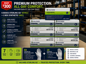 MSRP $200 Lot of 7 boxes (1,600 gloves) by Halyard. 5 boxes of Premium Sterling SG Nitrile and 1 Synthetic Vinyl. Size L- Upgrade to professional-grade protection with high tactile sensitivity. Powderlatex-free.