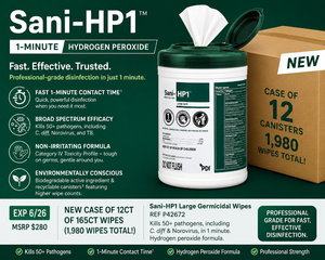 MSRP $280 NEW Case of 12 PDI Sani-HP1 Large Germicidal Wipes Canisters 1-Minute Hydrogen Peroxide Disinfectant, Kills 50 Pathogens Including C. diff &amp Norovirus, Professional Medical Grade Surface Disinfection&nbspEXP 626&nbsp