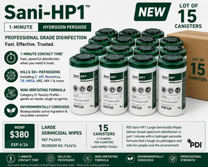 MSRP $380 NEW 15 Canisters PDI Sani-HP1 Extra Large Germicidal Wipes 1-Minute Hydrogen Peroxide Disinfectant, Kills 50 Pathogens Including C. diff &amp Norovirus, Professional Medical Grade Surface Disinfection EXP 626&nbsp