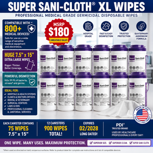 MSRP $180 NEW 1 Case Super Sani-Cloth XL Germicidal Wipes 6 Canisters w75 Huge 7.5 x 15 Wipes Each, Compatible w800 Medical Devices, Professional Healthcare Thick, strong wipes have a high fluid capacity EXP 228