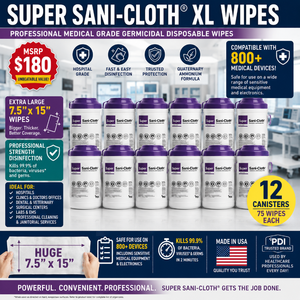 MSRP $180 NEW 1 Case Super Sani-Cloth XL Germicidal Wipes 6 Canisters w75 Huge 7.5 x 15 Wipes Each, Compatible w800 Medical Devices, Professional Healthcare Thick, strong wipes have a high fluid capacity&nbspEXP 228