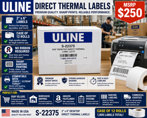 MSRP $250 NEW in box Uline S-22375 2x6 Desktop DIRECT THERMAL ShippingBarcode Labels. Case12 rolls. Premium bright white for sharp, high-contrast printing. No ribbon required. Compatible with Zebra, Eltron, and Fargo printers. Fast &amp Reliable