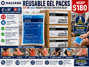 MSRP $180 3 NEW cases Halyard Reusable Gel Packs 6x10 hotcold therapy packs for fast relief. Flexible even when frozen and microwave safe. Includes protective spunlace covers. Ideal for pain and swelling.