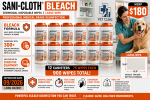 MSRP $180 NEW Case PDI Sani-Cloth BLEACH Large Wipes 12 Canisters HospitalClinic Surface Disinfection effective against 50 microorganisms like C. diff &amp Norovirus. 4-min contact time. EPA-registered surface disinfectant EXP 0926