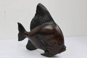 Carved Wooden Fish Statue - Hand Carved Folk Art Marine Figure