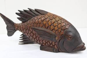 Hand Carved Wood Fish Sculpture with Scale Pattern - Approximately 16 Inches Long