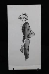 Ink Fashion Illustration Woman in Hat and Coat, 7 x 13.5 Inches