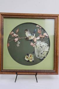 Shell Mosaic Artwork - Birds on Branch in Round Panel, Framed Wood