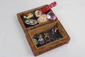 Carved Wood Box with Vintage Costume Jewelry - Watch, Brooches, Rings & Pins