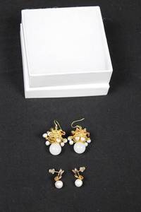 Gold-Tone Filigree Pearl Drop Earrings with Red Gem Accents (Lot of 2)