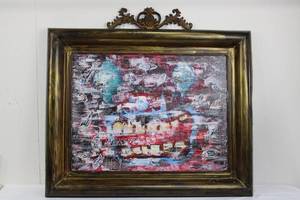 Abstract Painting in Ornate Carved Frame with Crest