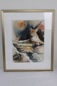 Michaelin Framed Cougar Watercolor Painting - 24.5 x 29.5 Inches