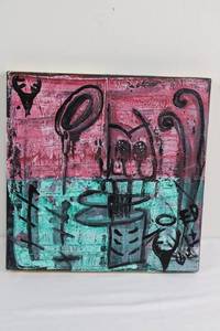 Abstract Graffiti Canvas Painting - Pink Teal and Black Ink on Stretched Canvas