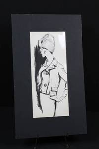 Framed Monochrome Fashion Illustration Print - Woman in Hat and Coat 12 x 21