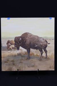 Geri Arnold Bison on the Plains Landscape Painting 13.5 x 13.5