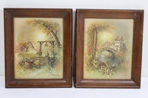 Andres Orpinas Pair of Vintage Framed Landscape Prints - Village Bridge Scenes