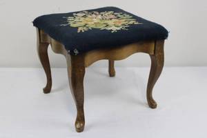 Vintage Stool with Floral Needlepoint Top and Cabriole Legs
