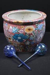Pink Floral Chinese Porcelain Vase with Two Blue Glass Spoons (Lot of 3)