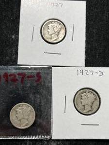 3 US MERCURY DIMES 1927P-D-S