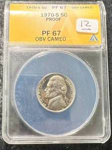 1970-S US PROOF JEFFERSON NICKEL ANACS PF67 OBV CAMEO