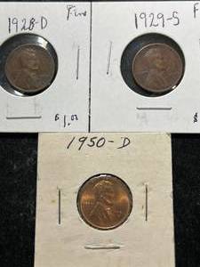 3 US WHEAT CENTS 1928-D 1929-S 1950-D