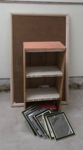 VINTAGE CORK BOARD  SMALL WOOD SHELF  HALL 316