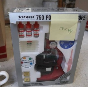 MICROSCOPE AND BOX OF NEW ITEMS