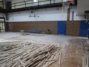 ANTIQUE GYM FLOORING  ANTIQUE HARDWOOD. (SHORT END OF GYM)