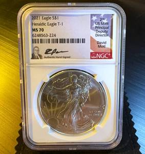 Scarce Motl Hand Signed MS-70 2021 Heraldic Silver Eagle T1, NGC Top Pop 1 of 268