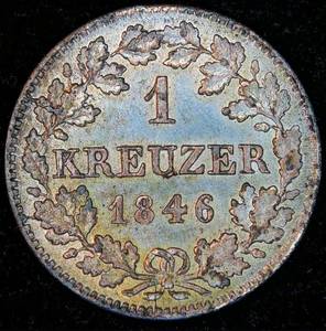 Uncirculated 1846 Kingdom of Bavaria 1 Kreuzer, Scarce, Unaltered wLustrous GoldBlue Toning
